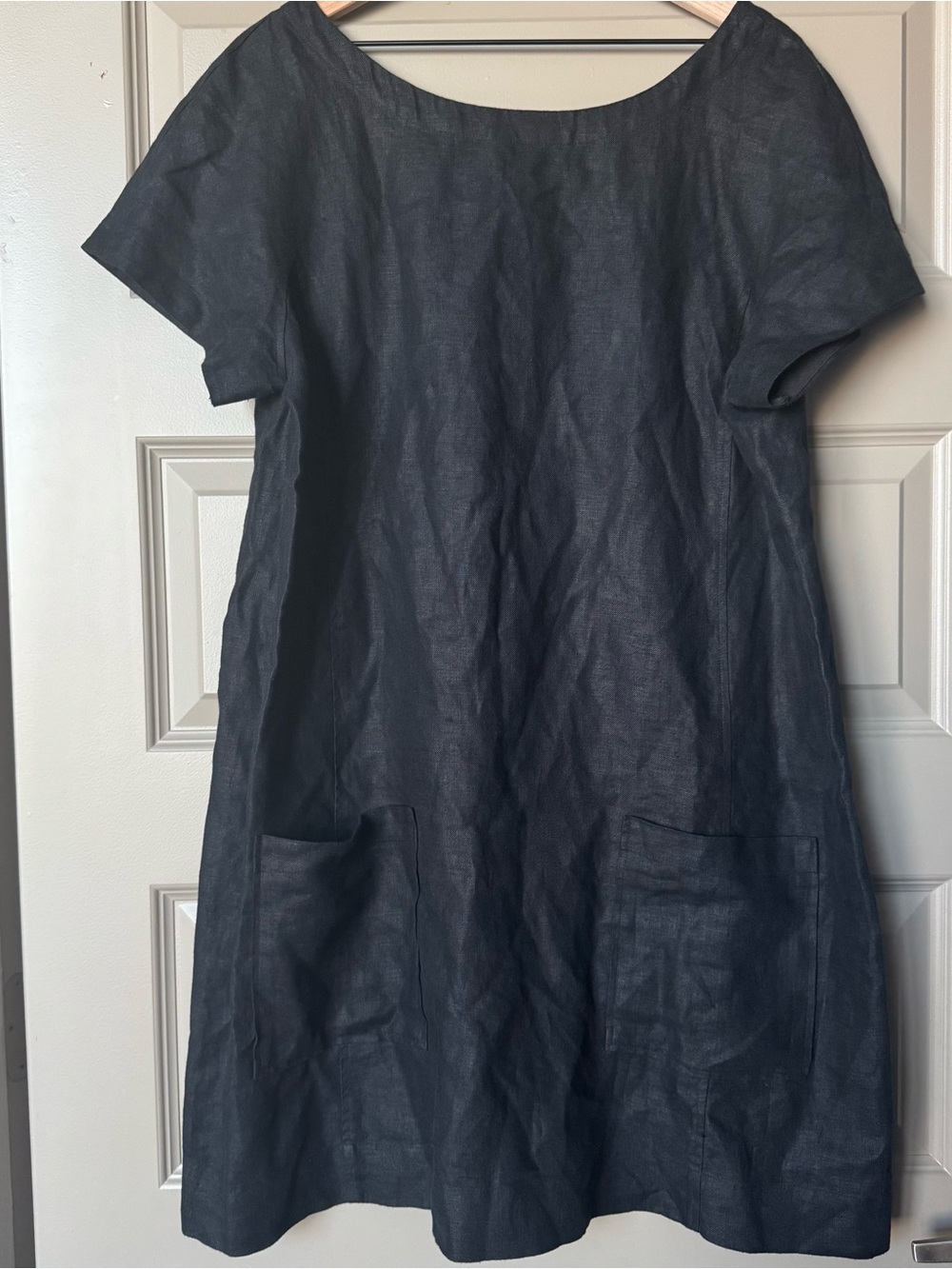 Eileen Fisher black 100%linen dress front pockets short sleeves back zipper, XL